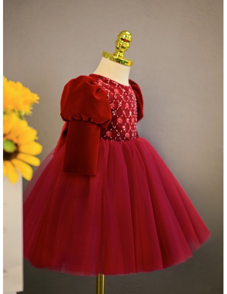 Burgundy Tulle with Sleeves Girls formal Dress with Beadings