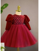 Burgundy Tulle with Sleeves Girls formal Dress with Beadings