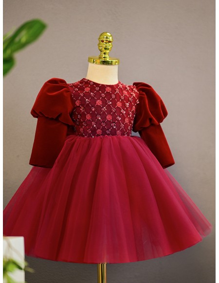 Burgundy Tulle with Sleeves Girls formal Dress with Beadings