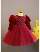 Burgundy Tulle with Sleeves Girls formal Dress with Beadings