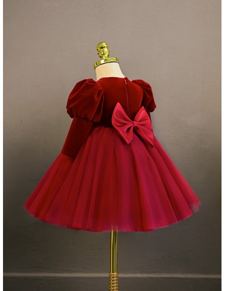 Burgundy Tulle with Sleeves Girls formal Dress with Beadings