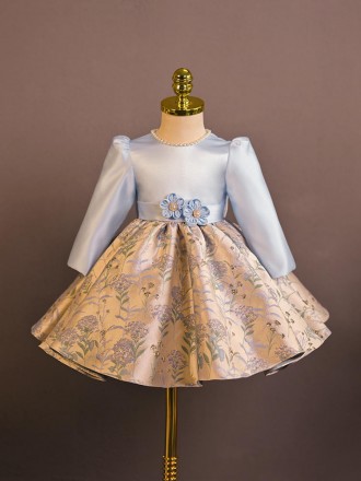 Unique Flower Pattern Blue Long Sleeved Girls formal Dress with Pearls