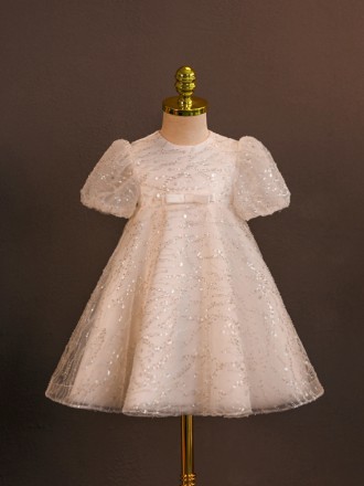 Elegant White Aline Sequins Flower Girl Dress with Sleeves Bow