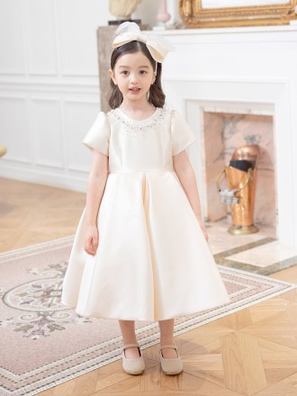 Vintage Style Tea Length Satin Flower Girl Dress with Bow Sleeves