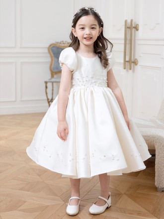 Elegant Satin Pearls Tea Length Flower Girl Dress with Bubble Sleeves