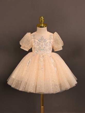 Lovely Tulle Bling Sequined Flower Girl Party Dress with Sleeves