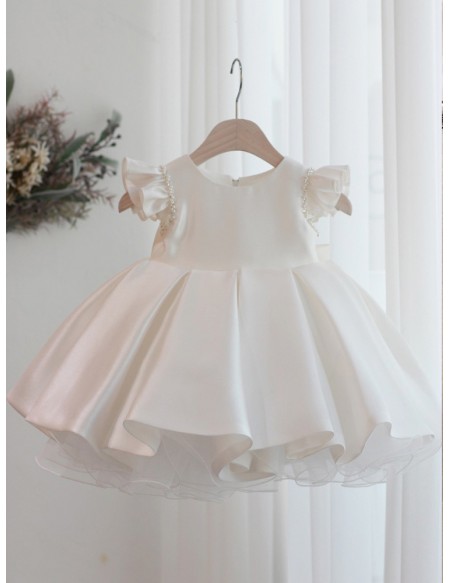 Beautiful Ruffled Satin Toddler Flower Girl Dress with Pearls