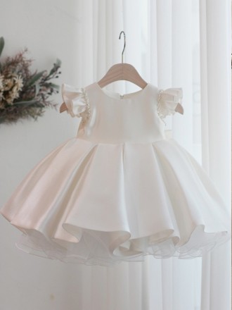 Beautiful Ruffled Satin Toddler Flower Girl Dress with Pearls