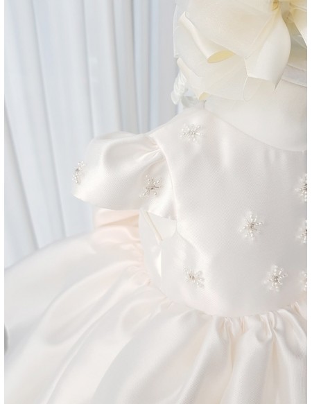 Elegant Satin Toddler Flower Girl Dress with Beaded Pearls