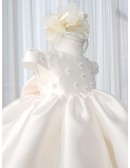 Elegant Satin Toddler Flower Girl Dress with Beaded Pearls