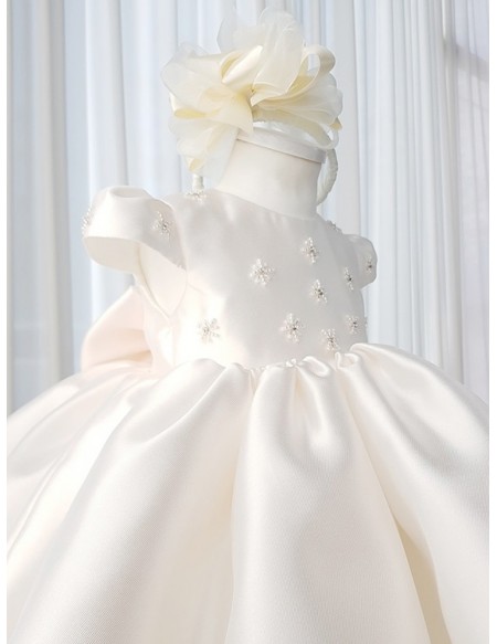 Elegant Satin Toddler Flower Girl Dress with Beaded Pearls