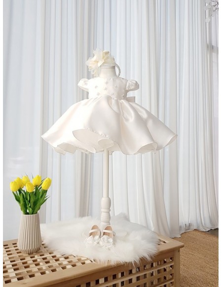 Elegant Satin Toddler Flower Girl Dress with Beaded Pearls