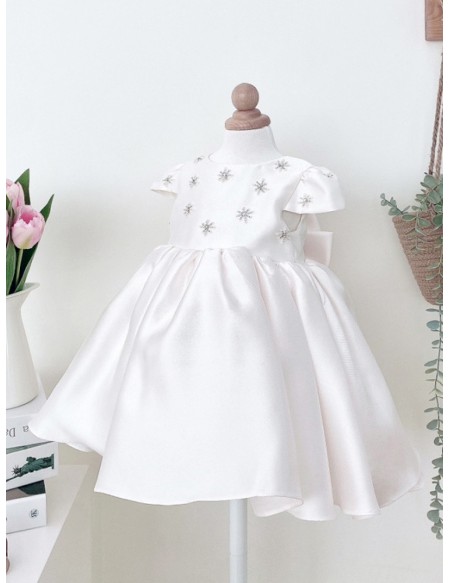 Elegant Satin Toddler Flower Girl Dress with Beaded Pearls