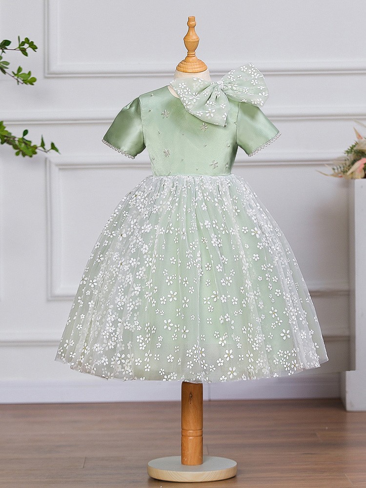 Green Satin Rose Gold Sequin Tulle Cap Sleeves Wedding Flower Girl Dress
