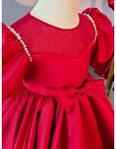 Red Bubble Sleeved Satin Little Girl Party Dress with Bow