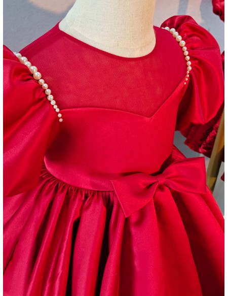 Red Bubble Sleeved Satin Little Girl Party Dress with Bow