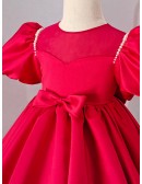 Red Bubble Sleeved Satin Little Girl Party Dress with Bow