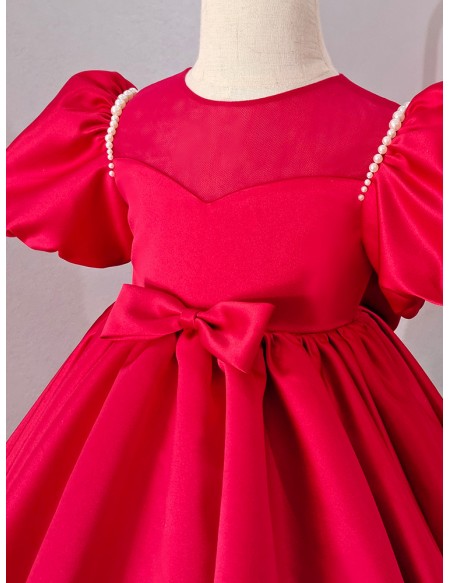 Red Bubble Sleeved Satin Little Girl Party Dress with Bow