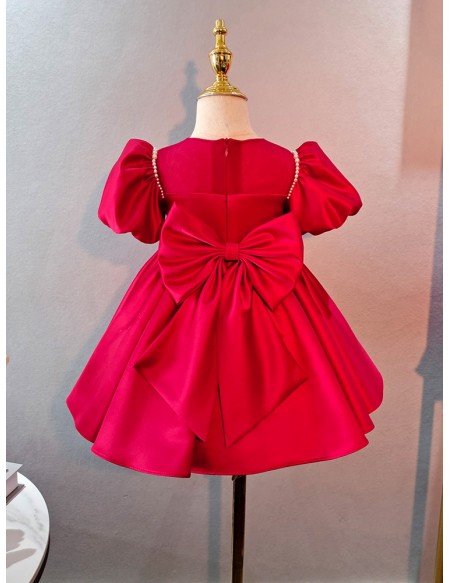 Red Bubble Sleeved Satin Little Girl Party Dress with Bow