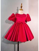 Red Bubble Sleeved Satin Little Girl Party Dress with Bow
