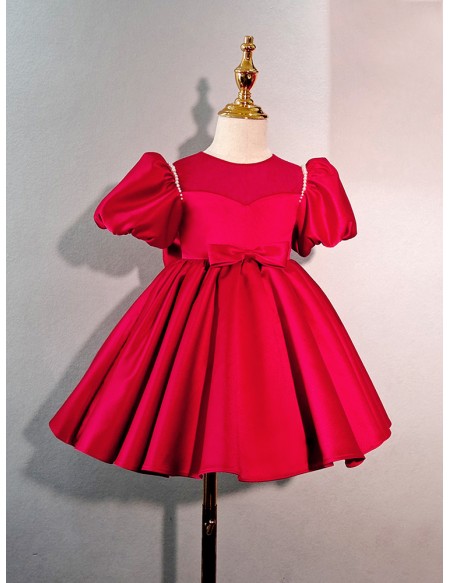 Red Bubble Sleeved Satin Little Girl Party Dress with Bow
