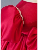 Red Bubble Sleeved Satin Little Girl Party Dress with Bow