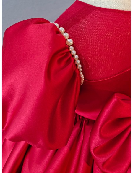 Red Bubble Sleeved Satin Little Girl Party Dress with Bow
