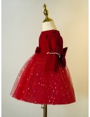 Bling Stars Burgundy Tulle Girls Christmas Party Dress Long Sleeved