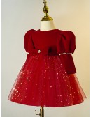Bling Stars Burgundy Tulle Girls Christmas Party Dress Long Sleeved