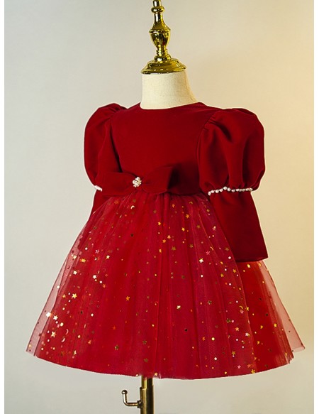 Bling Stars Burgundy Tulle Girls Christmas Party Dress Long Sleeved