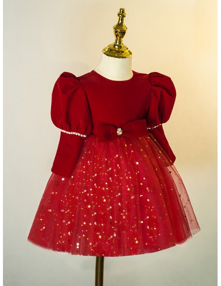 Bling Stars Burgundy Tulle Girls Christmas Party Dress Long Sleeved