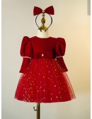 Bling Stars Burgundy Tulle Girls Christmas Party Dress Long Sleeved