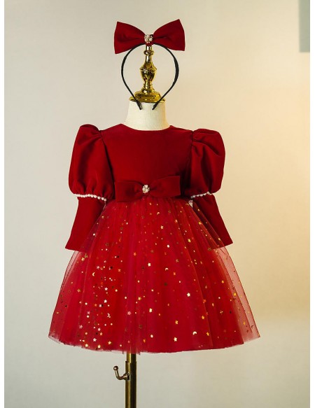 Bling Stars Burgundy Tulle Girls Christmas Party Dress Long Sleeved