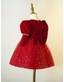 Bling Stars Burgundy Tulle Girls Christmas Party Dress Long Sleeved