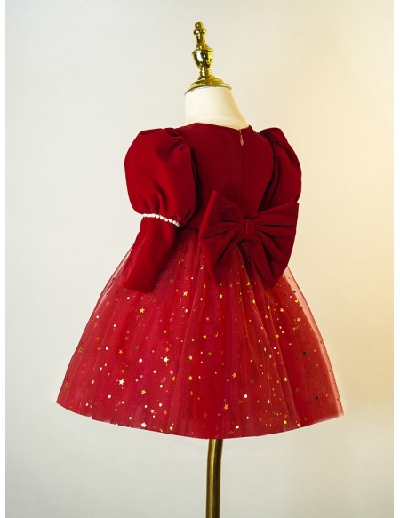 Bling Stars Burgundy Tulle Girls Christmas Party Dress Long Sleeved