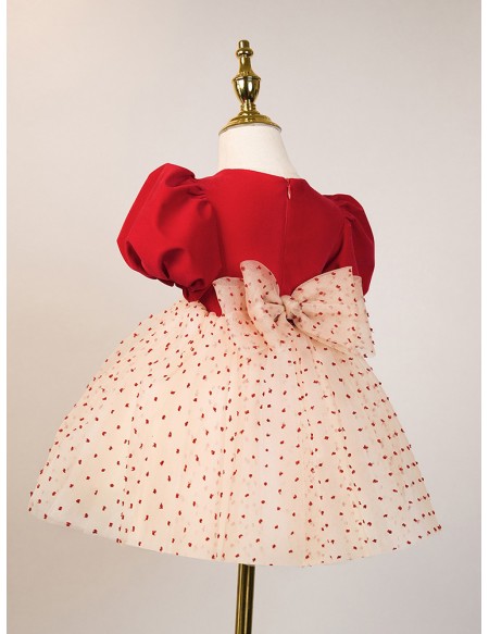 Lovely Printed Tulle Little Girls Party Dress with Bubble Sleeves