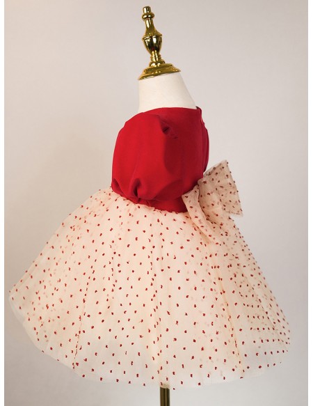 Lovely Printed Tulle Little Girls Party Dress with Bubble Sleeves