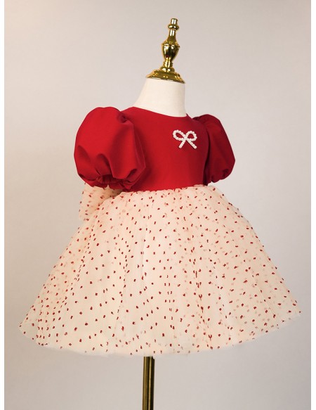 Lovely Printed Tulle Little Girls Party Dress with Bubble Sleeves