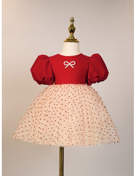 Lovely Printed Tulle Little Girls Party Dress with Bubble Sleeves