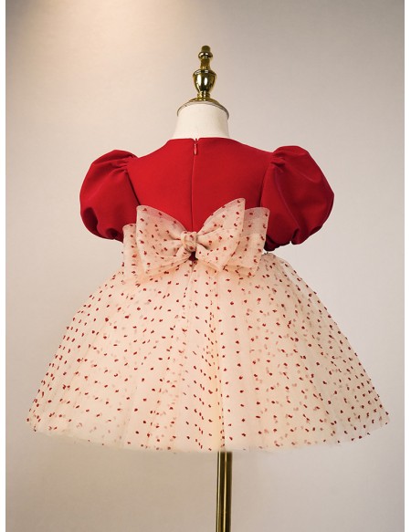 Lovely Printed Tulle Little Girls Party Dress with Bubble Sleeves