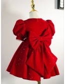 Burgundy Bling Girls formal Dress with Bubble Sleeves Pearls