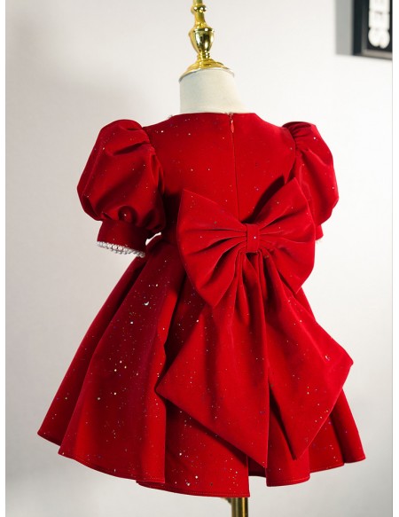 Burgundy Bling Girls formal Dress with Bubble Sleeves Pearls