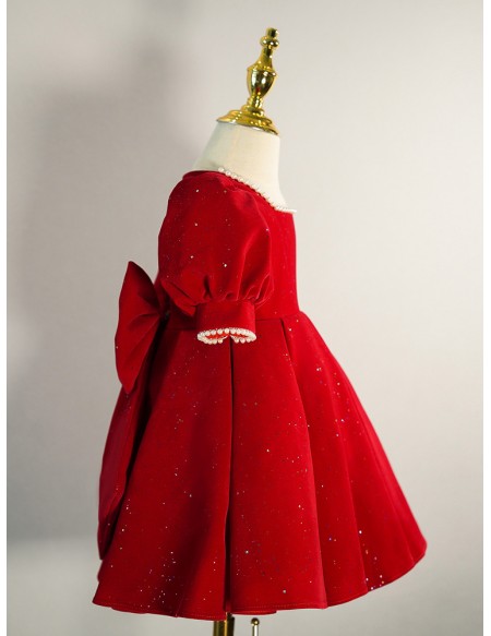 Burgundy Bling Girls formal Dress with Bubble Sleeves Pearls