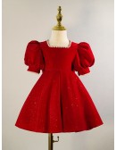 Burgundy Bling Girls formal Dress with Bubble Sleeves Pearls