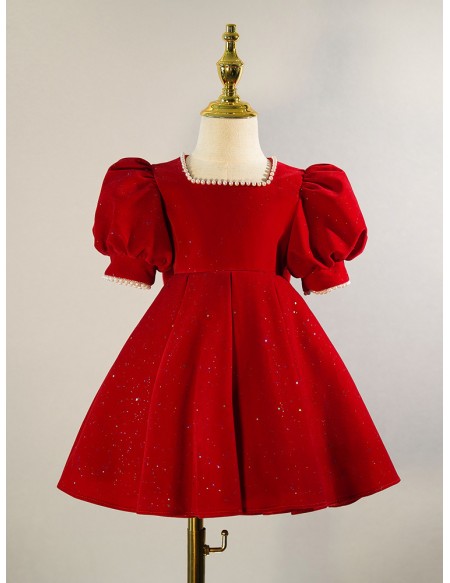 Burgundy Bling Girls formal Dress with Bubble Sleeves Pearls