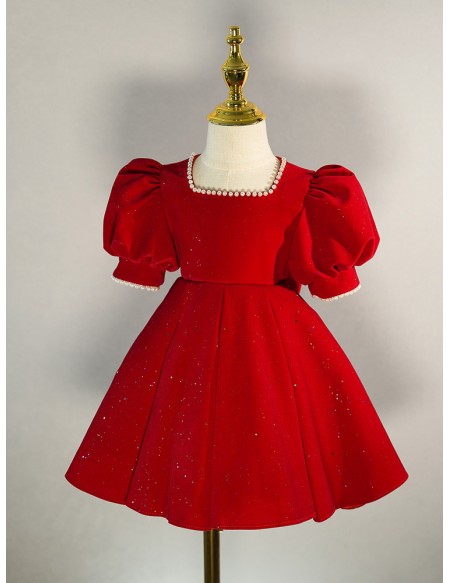 Burgundy Bling Girls formal Dress with Bubble Sleeves Pearls