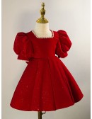 Burgundy Bling Girls formal Dress with Bubble Sleeves Pearls