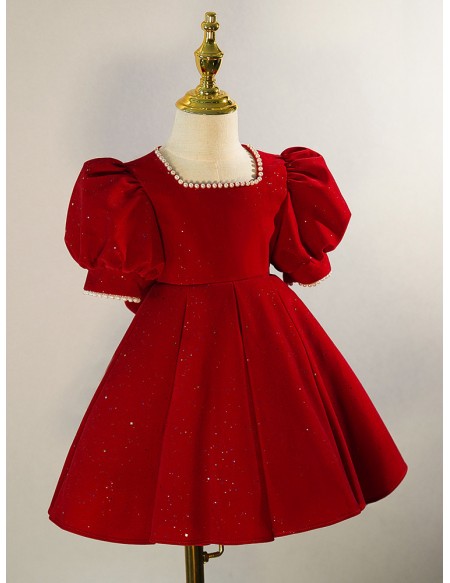 Burgundy Bling Girls formal Dress with Bubble Sleeves Pearls