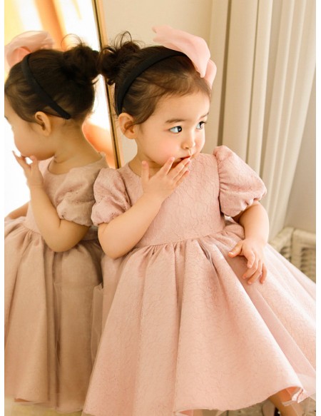 Pink Lace Ballgown Short Sleeved Flower Girl Dress with Bow