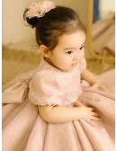 Pink Lace Ballgown Short Sleeved Flower Girl Dress with Bow